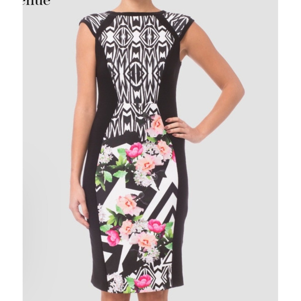 Joseph Ribkoff Sheath Dress Womens 12 Black Excellent Floral Geometric 181708